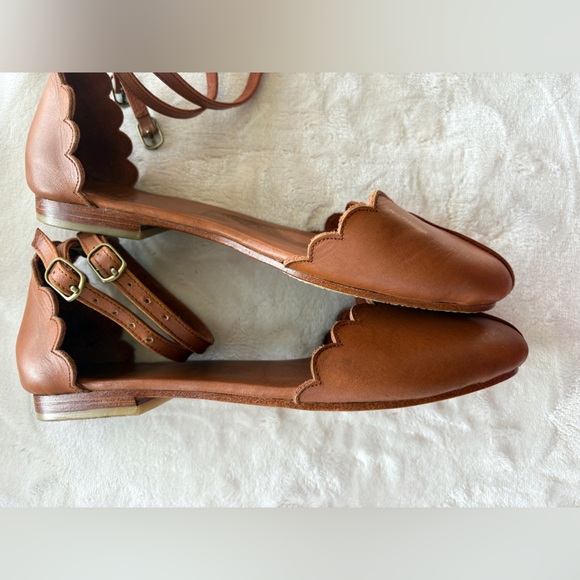 ELF Scalloped Tan Leather Flats. Double Ankle Strap. - Picture 4 of 16